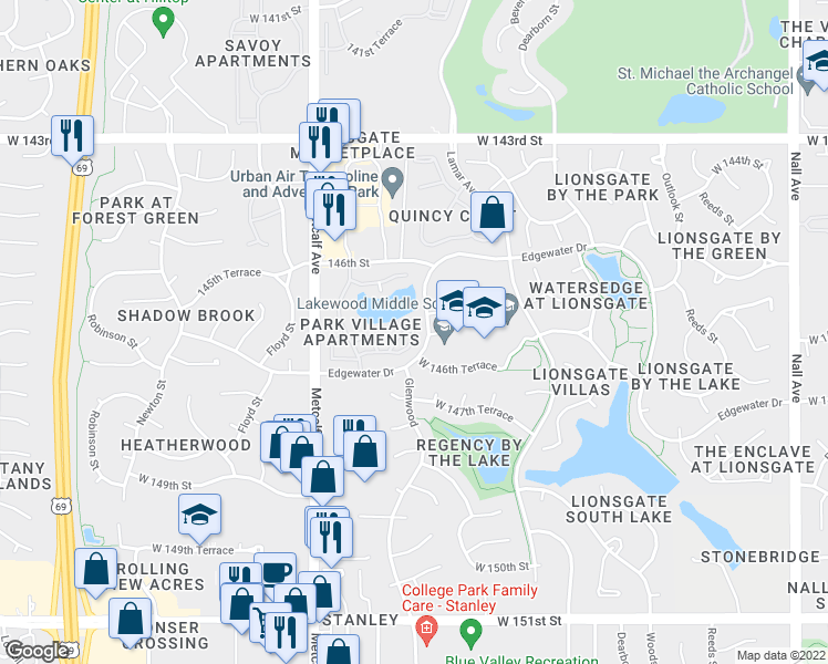 map of restaurants, bars, coffee shops, grocery stores, and more near 6715 West 146th Court in Overland Park