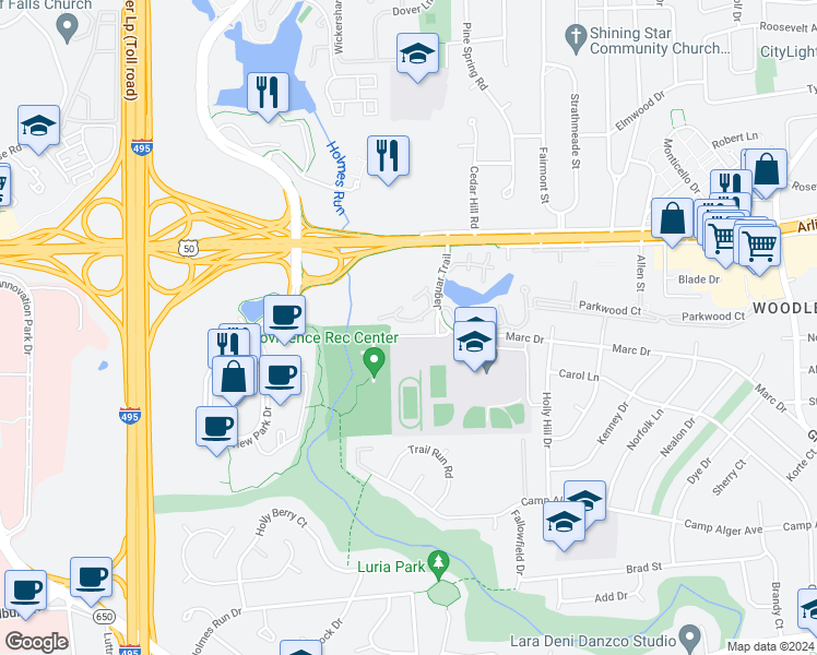 map of restaurants, bars, coffee shops, grocery stores, and more near 7767 Willow Point Drive in Falls Church