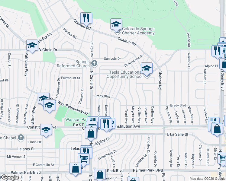 map of restaurants, bars, coffee shops, grocery stores, and more near 2128 Alpine Drive in Colorado Springs