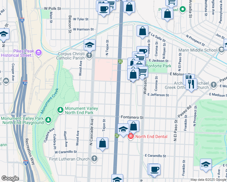 map of restaurants, bars, coffee shops, grocery stores, and more near 2111 North Tejon Street in Colorado Springs
