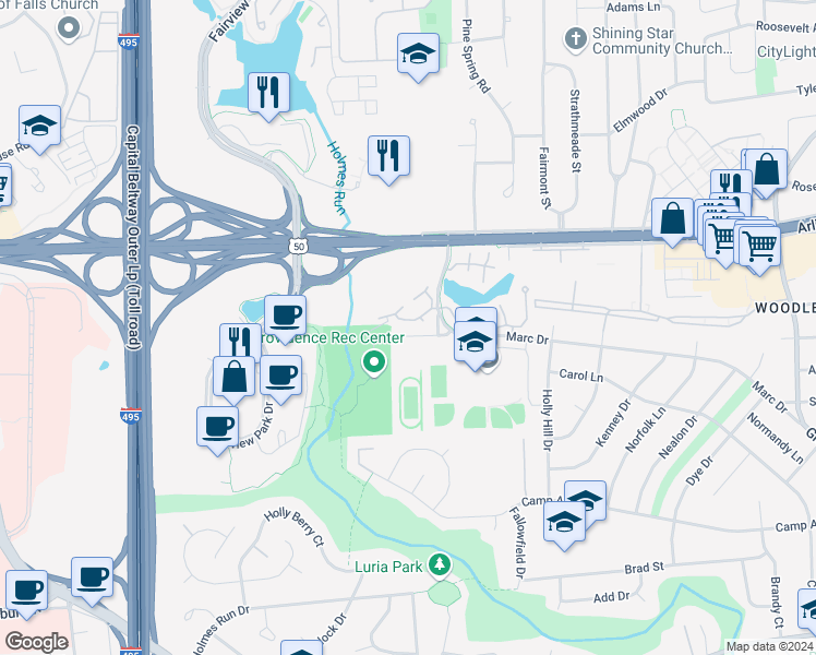 map of restaurants, bars, coffee shops, grocery stores, and more near 7767 Willow Point Drive in Falls Church