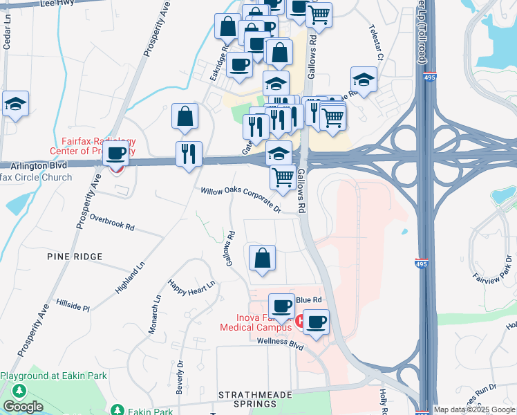 map of restaurants, bars, coffee shops, grocery stores, and more near 8281 Willow Oaks Corporate Drive in Fairfax