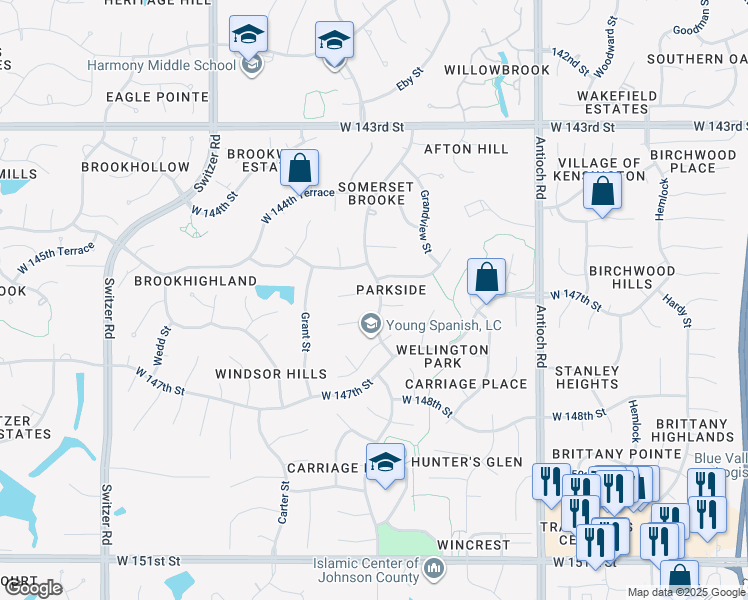map of restaurants, bars, coffee shops, grocery stores, and more near 9303 West 146th Street in Overland Park
