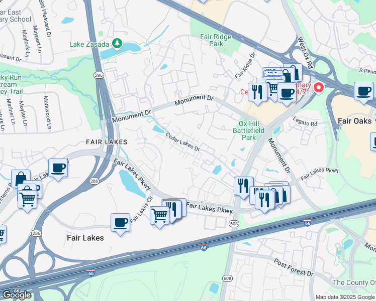 map of restaurants, bars, coffee shops, grocery stores, and more near 4370 Thomas Brigade Lane in Fairfax