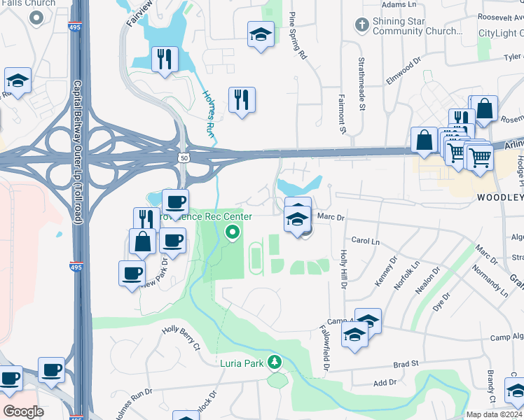 map of restaurants, bars, coffee shops, grocery stores, and more near 7743 Willow Point Drive in Falls Church