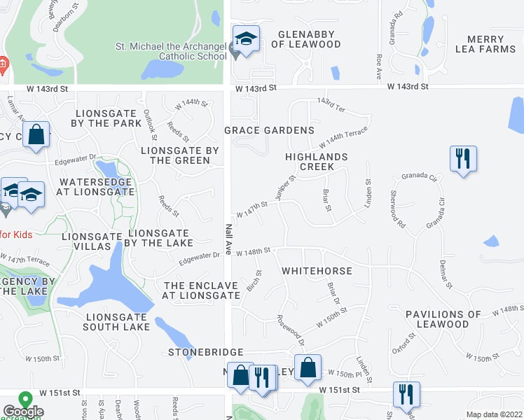 map of restaurants, bars, coffee shops, grocery stores, and more near 14703 Rosewood Drive in Overland Park