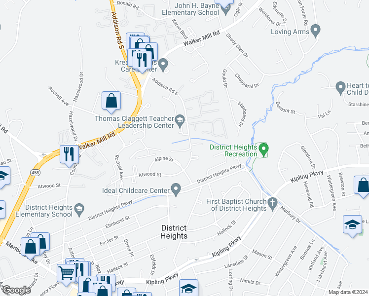 map of restaurants, bars, coffee shops, grocery stores, and more near 6834 Amber Hill Court in District Heights
