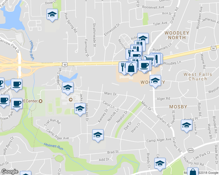 map of restaurants, bars, coffee shops, grocery stores, and more near 7401 Parkwood Court in Falls Church