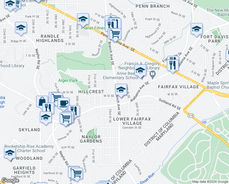 map of restaurants, bars, coffee shops, grocery stores, and more near 2135 Branch Avenue Southeast in Washington