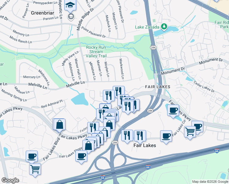 map of restaurants, bars, coffee shops, grocery stores, and more near 12834 Fair Briar Lane in Fairfax
