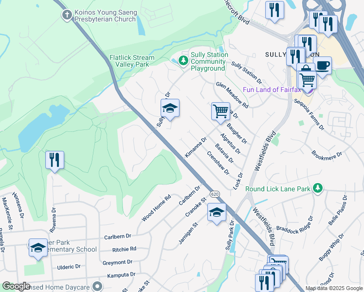 map of restaurants, bars, coffee shops, grocery stores, and more near 14725 Lock Drive in Centreville