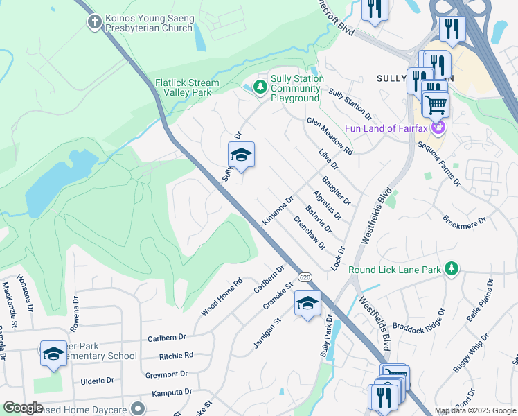 map of restaurants, bars, coffee shops, grocery stores, and more near 14725 Lock Drive in Centreville