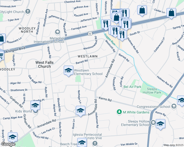 map of restaurants, bars, coffee shops, grocery stores, and more near 3127 Headrow Lane in Falls Church