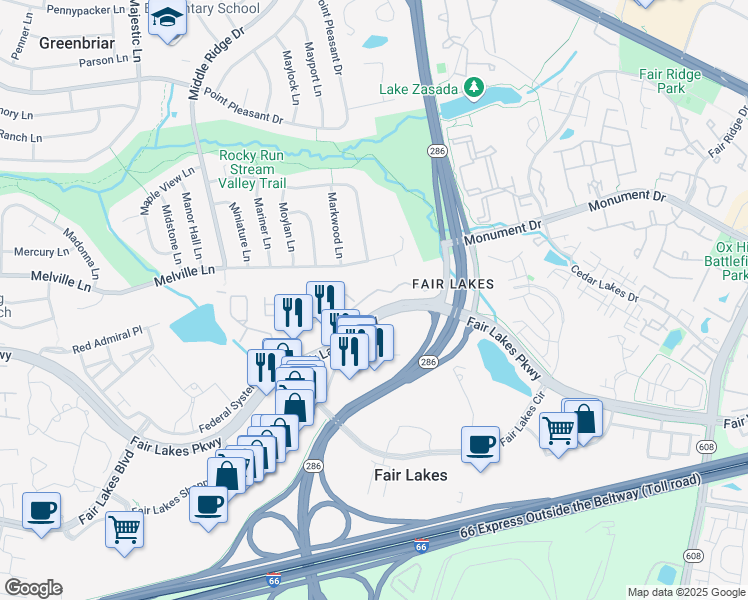 map of restaurants, bars, coffee shops, grocery stores, and more near 12705 Fair Crest Court in Fairfax