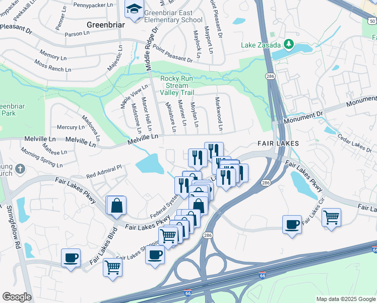 map of restaurants, bars, coffee shops, grocery stores, and more near 4528 Superior Square in Fairfax