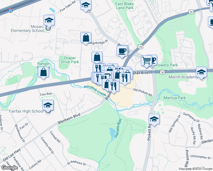 map of restaurants, bars, coffee shops, grocery stores, and more near 9639 Fairfax Boulevard in Fairfax
