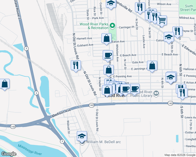 map of restaurants, bars, coffee shops, grocery stores, and more near 110 West Penning Avenue in Wood River