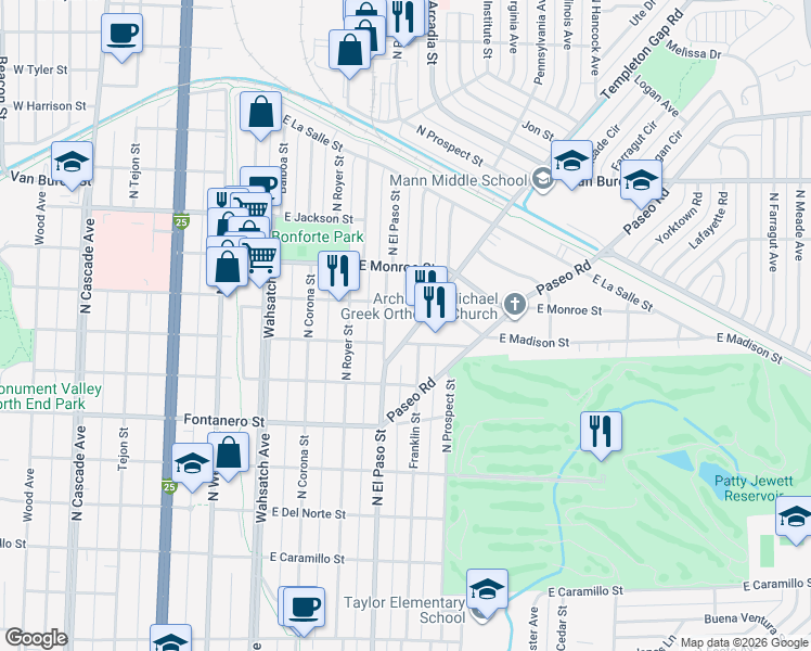 map of restaurants, bars, coffee shops, grocery stores, and more near 2110 Templeton Gap Road in Colorado Springs