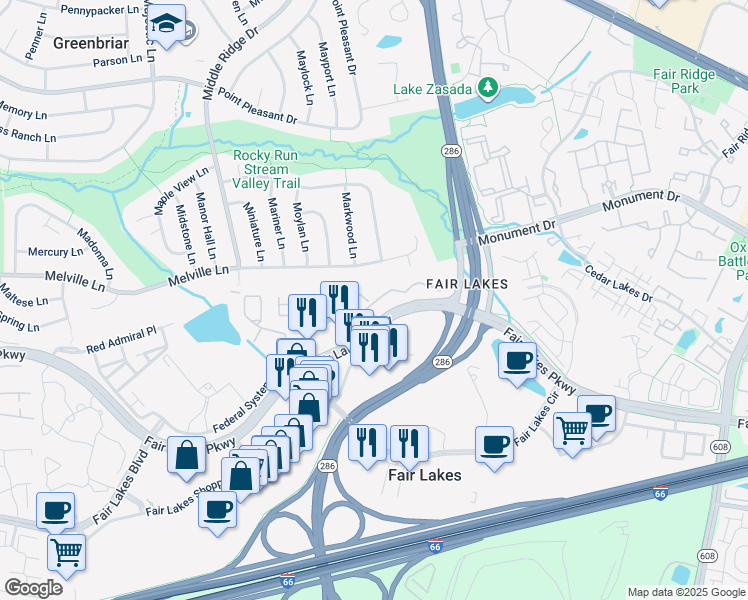 map of restaurants, bars, coffee shops, grocery stores, and more near 107 Fair Crest Court in Fairfax