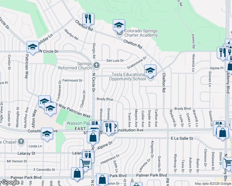map of restaurants, bars, coffee shops, grocery stores, and more near 2128 Alpine Drive in Colorado Springs