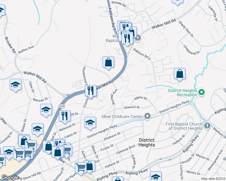 map of restaurants, bars, coffee shops, grocery stores, and more near 1919 Rochell Avenue in District Heights