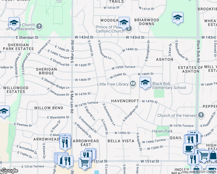 map of restaurants, bars, coffee shops, grocery stores, and more near 14700 South Village Drive in Olathe
