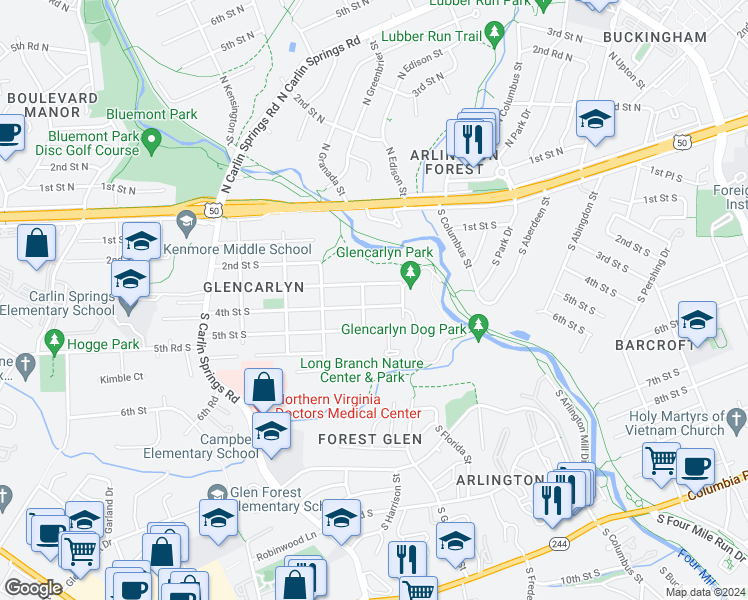 map of restaurants, bars, coffee shops, grocery stores, and more near 5425 4th Street South in Arlington