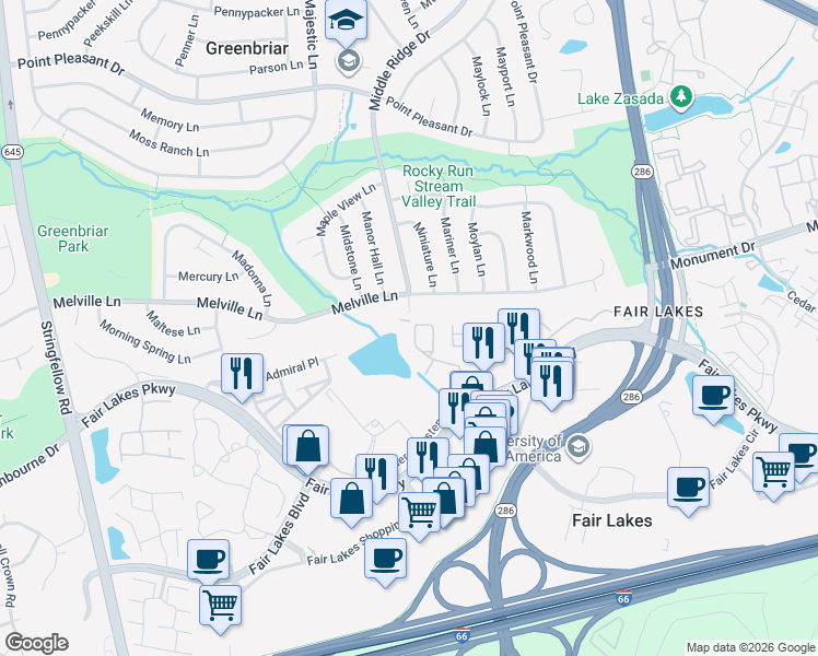 map of restaurants, bars, coffee shops, grocery stores, and more near 4548 Fair Valley Drive in Fairfax