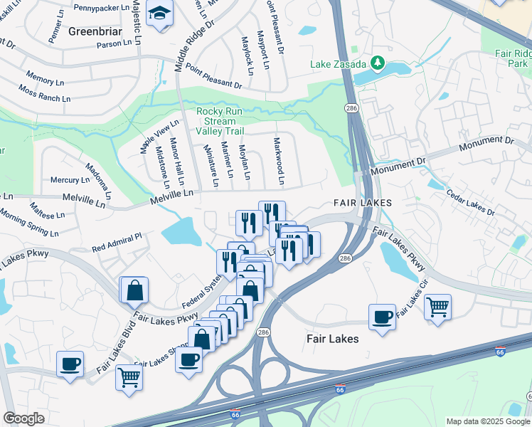 map of restaurants, bars, coffee shops, grocery stores, and more near 12834 Fair Briar Lane in Fairfax