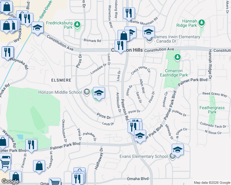 map of restaurants, bars, coffee shops, grocery stores, and more near 2120 Ambleside Drive in Colorado Springs