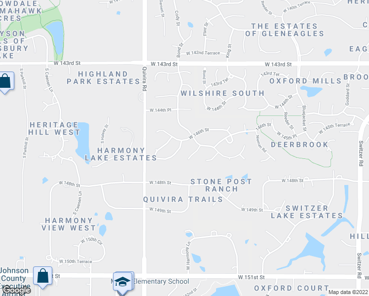 map of restaurants, bars, coffee shops, grocery stores, and more near 11627 West 147th Street in Olathe