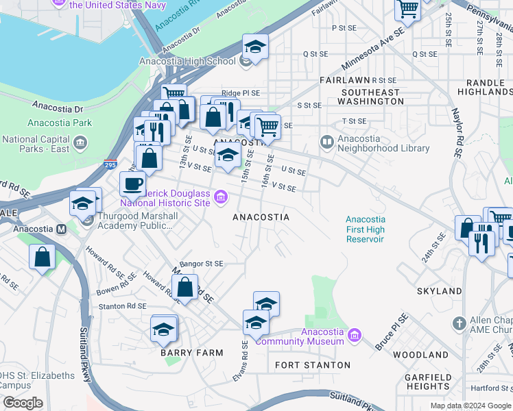 map of restaurants, bars, coffee shops, grocery stores, and more near 2205 16th Street Southeast in Washington
