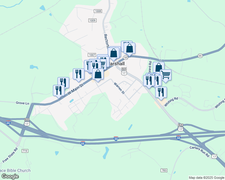 map of restaurants, bars, coffee shops, grocery stores, and more near 8317 Mauzy Square in Marshall