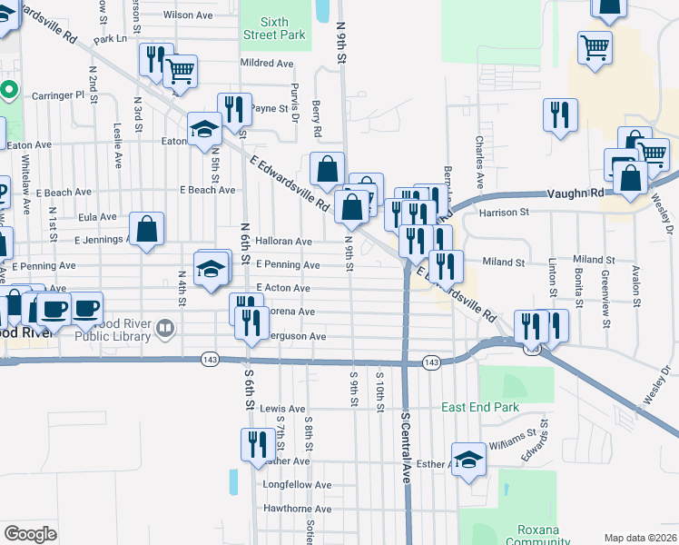 map of restaurants, bars, coffee shops, grocery stores, and more near 850 East Penning Avenue in Wood River