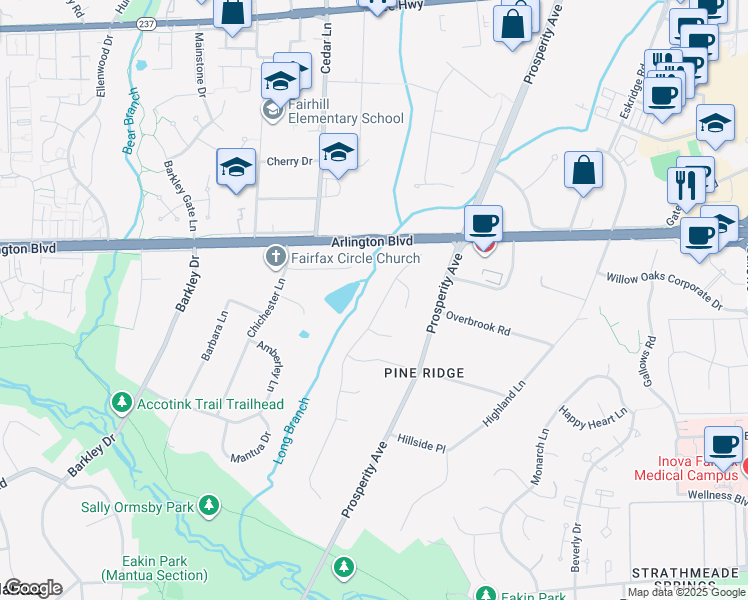 map of restaurants, bars, coffee shops, grocery stores, and more near 3116 Wynford Drive in Fairfax