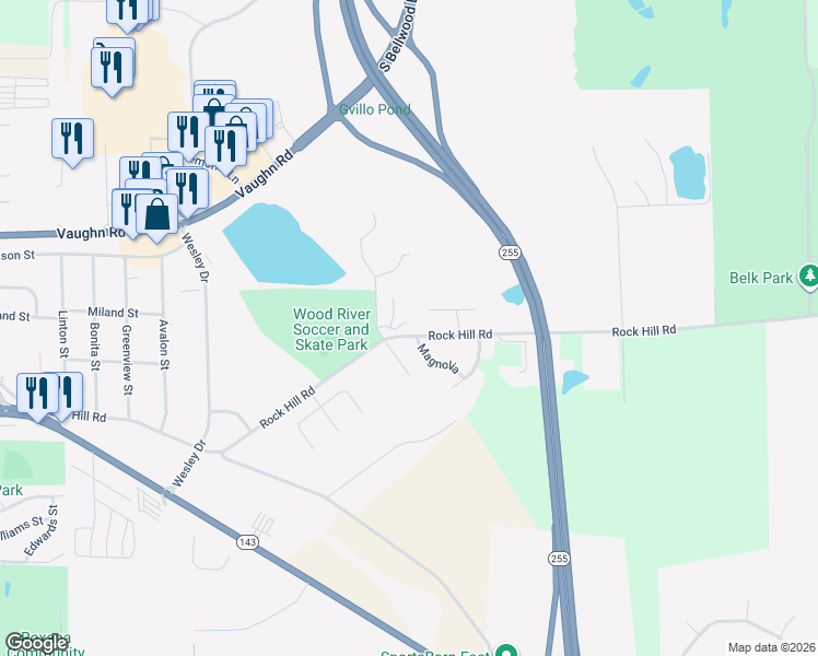 map of restaurants, bars, coffee shops, grocery stores, and more near 2707 Rock Hill Road in Wood River