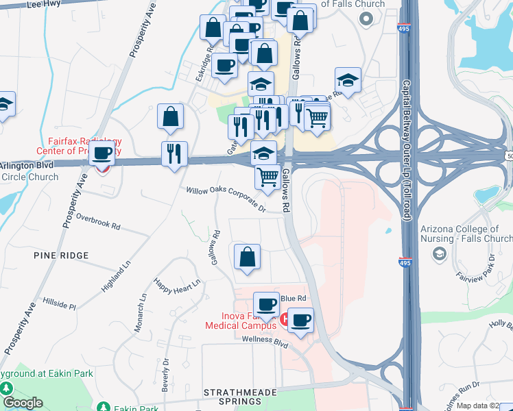 map of restaurants, bars, coffee shops, grocery stores, and more near 8301 Willow Oaks Corporate Drive in Fairfax