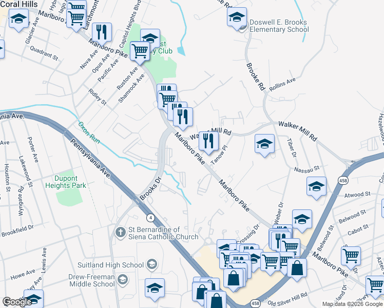 map of restaurants, bars, coffee shops, grocery stores, and more near 5425 Marlboro Pike in District Heights