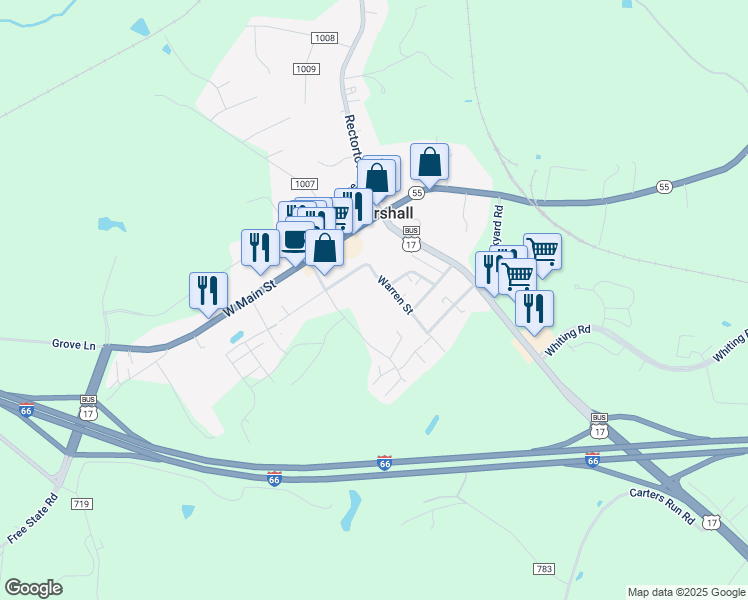 map of restaurants, bars, coffee shops, grocery stores, and more near 8317 Mauzy Square in Marshall