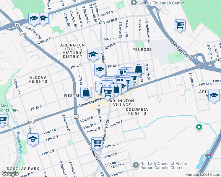 map of restaurants, bars, coffee shops, grocery stores, and more near 905 South Walter Reed Drive in Arlington
