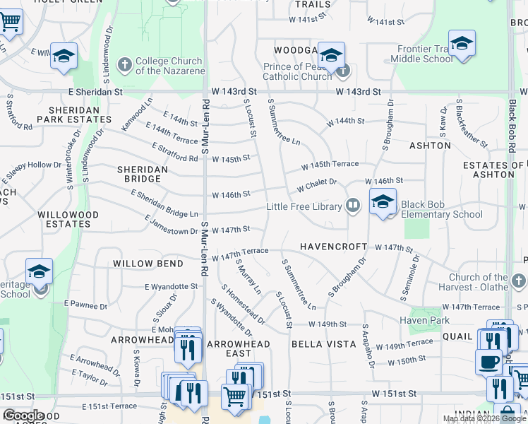 map of restaurants, bars, coffee shops, grocery stores, and more near 16601 West 146th Terrace in Olathe