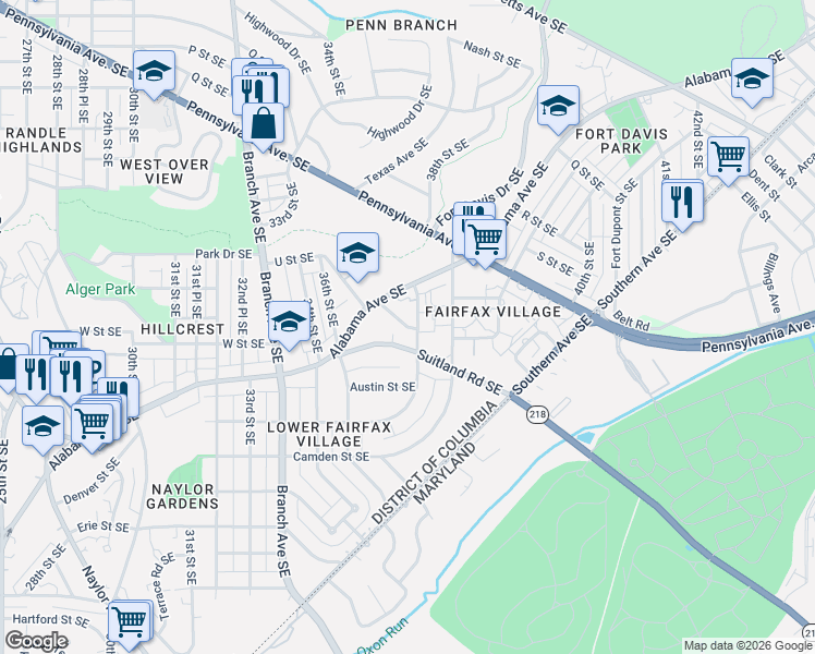 map of restaurants, bars, coffee shops, grocery stores, and more near 36th Place Southeast in Washington