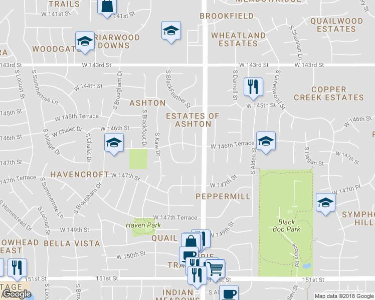 map of restaurants, bars, coffee shops, grocery stores, and more near 14619 South BlackFeather Street in Olathe