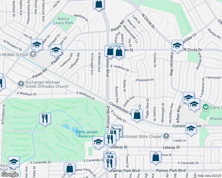 map of restaurants, bars, coffee shops, grocery stores, and more near 2212 Bonfoy Avenue in Colorado Springs