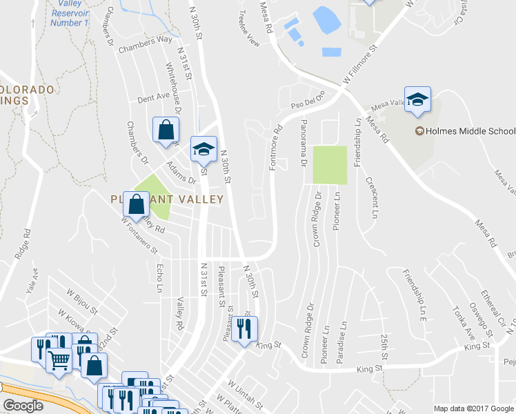 map of restaurants, bars, coffee shops, grocery stores, and more near 950 Fontmore Road in Colorado Springs