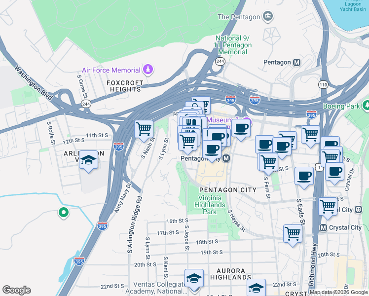 map of restaurants, bars, coffee shops, grocery stores, and more near 1225 Richmond Highway in Arlington