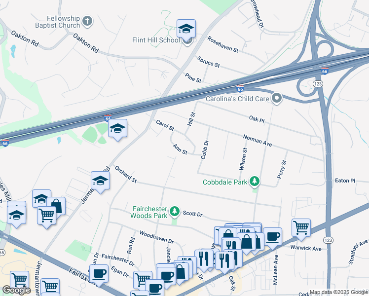 map of restaurants, bars, coffee shops, grocery stores, and more near 10806 Ann Street in Fairfax