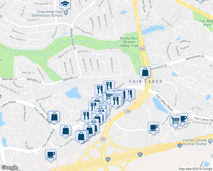 map of restaurants, bars, coffee shops, grocery stores, and more near 12834 Fair Briar Lane in Fairfax