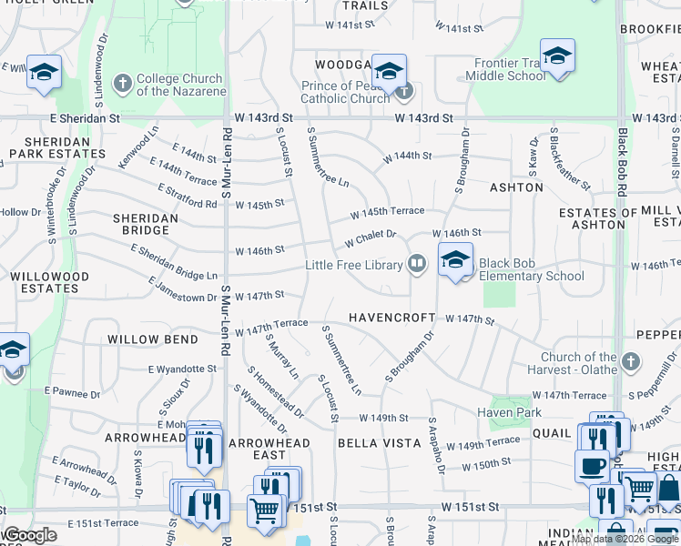 map of restaurants, bars, coffee shops, grocery stores, and more near 14700 South Village Drive in Olathe