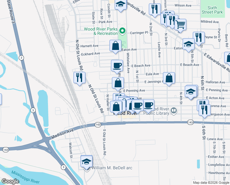 map of restaurants, bars, coffee shops, grocery stores, and more near 24 West Penning Avenue in Wood River